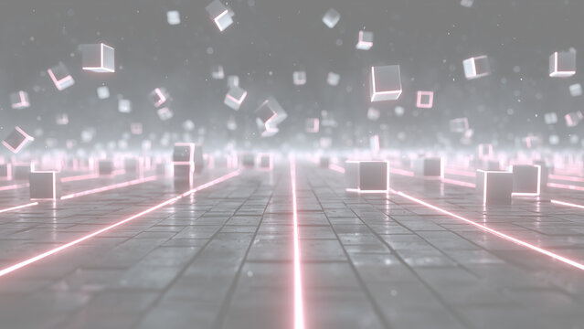 赤いラインと白いキューブが浮かぶ抽象空間