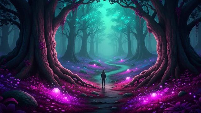 A person walking down a path in a magical forest with glowing purple flowers and trees