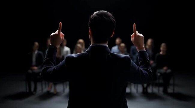 A charismatic leader inspires the audience with confidence and motivational speaking