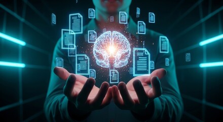 Fototapeta premium Person holding glowing brain with digital documents and data icons floating in the air around them in a futuristic setting.