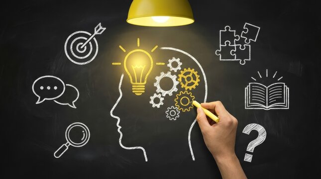 Creative problem solving concept with lightbulb idea in human head and hand holding pencil on blackboard background