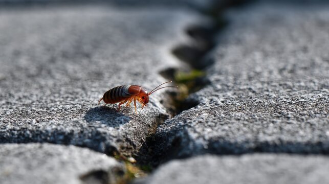 Detailed macro photograph of an earwig with distinctive cerci exploring a crack in the pavement.