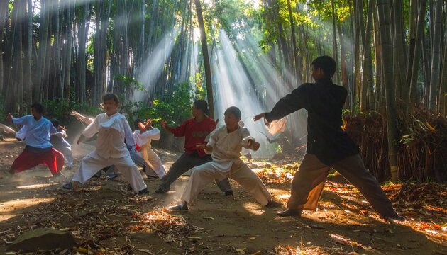Group of people practicing Tai Chi in a serene forest with sun rays.