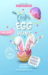 Fototapeta na wymiar The Easter Egg Hunt poster template has a 3D realistic painted cracked egg with fluffy bunny ears protruding, colourful flying confetti, and willow branches. Vector blue background for festive flyers.