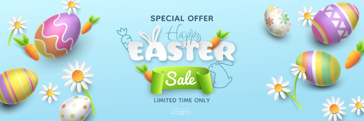 Vector horizontal Easter sale banner with 3D realistic painted colourful eggs, paper flowers, carrots, a green ribbon, and paper-cut Easter writing on a blue background. Holiday template for flyers. © aerynrei