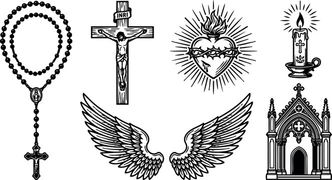 Detailed black and white vector art set with religious catholic symbols crucifix rosary sacred heart candle and gothic chapel architecture wings design