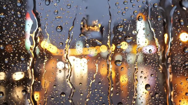 Close up view of rain droplets on a window with blurred city lights in the background at night. Moody atmosphere with colorful bokeh reflections, perfect for themes of rainy weather, calm mood, urban 