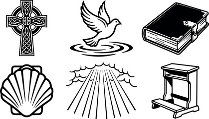 Fototapeta premium Black and white vector set with celtic cross dove book scallop shell cloud rays and wooden pulpit icon collection