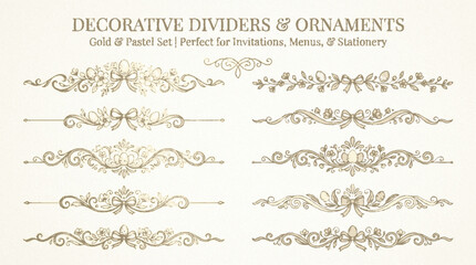 Obraz premium Elegant vintage ornate decorative dividers and ornaments set delicate gold filigree flourishes for invitations menus stationery and graphic