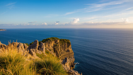 Naklejka premium Golden cliffside overlooking calm blue ocean at sunset with coastal grass