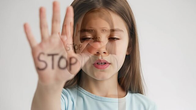 Young girl expresses resistance with a hand up displaying a transparent stop sign