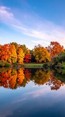 Vibrant Autumn Foliage Reflected in Calm Lake Waters Under a Bright Blue Sky.