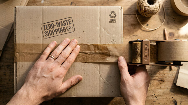 Top-down view of hands sealing a recycled cardboard box with water-activated paper tape for zero-waste shipping.