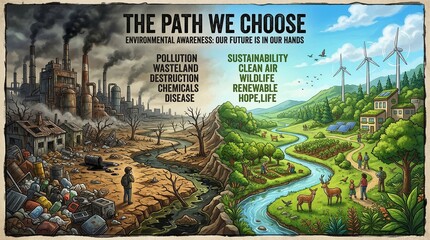 Fototapeta premium A powerful visual contrast illustrating two paths: one of environmental destruction with pollution and factories, and another of sustainability with clean energy and lush nature.