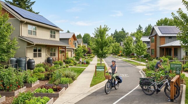 A vibrant sustainable community featuring solar-paneled homes, lush garden beds, and residents enjoying a bike ride on a sunny day.
