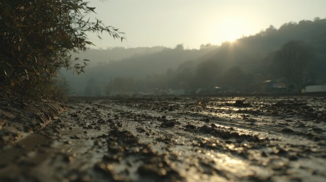 Thick viscous mud engulfing a former roadway with hazy hills and sunlight in the distance.