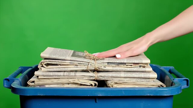 Woman's Hand Placing Stacked Newspapers Tied With Twine Into Blue Recycling Bin Against Green Screen Background