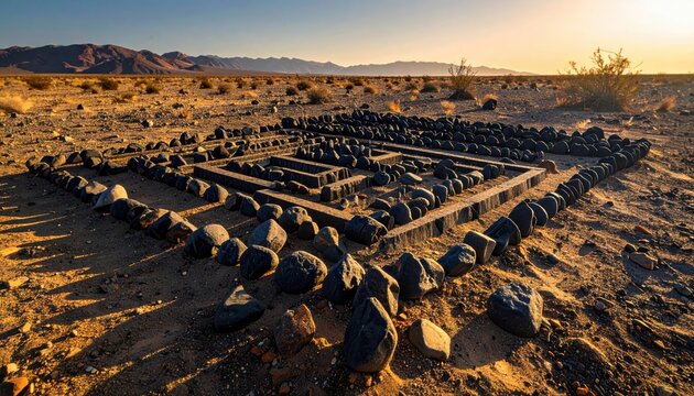 Ancient desert stone maze arrangement on dry earth under golden sunlight
