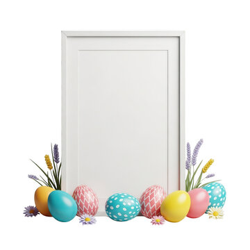 Easter eggs and flowers around a blank picture frame isolated on transparent background. Png
