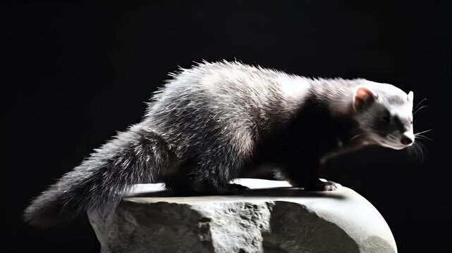 A ferret walks cautiously across a textured stone against a solid black background.