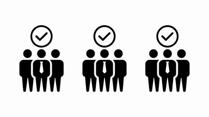 A minimalist black and white graphic depicts three groups of silhouetted people each with a checkmark symbol above them high quality professional detailed modern elegant stylish © Peradox
