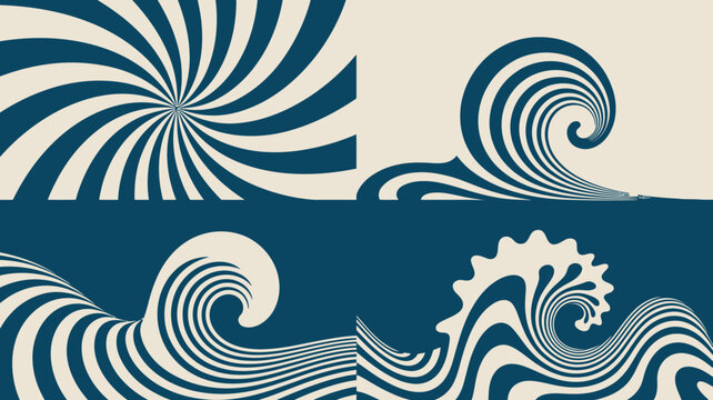 A geometric composition features four quadrants displaying stylized wave patterns in shades of blue and cream high quality professional detailed modern elegant stylish clean crisp vibrant