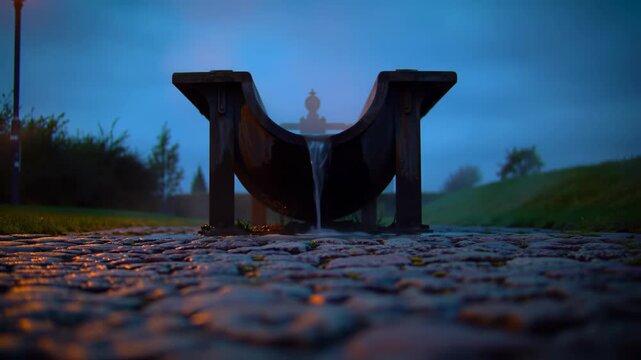 Water fountain on cobblestone path in park at dusk, creating tranquil scene.