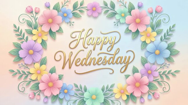 Happy Wednesday floral greeting message surrounded by pastel flowers