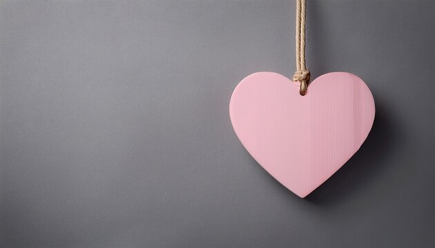 Un Fondo Liso Color Gris Con Espacio De Copia Con Un Corazon De Madera Color Rosa Pastel Colgado Con Un Mecate Para Tarjeta Decorativa