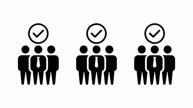 A minimalist black and white graphic depicts three groups of silhouetted people each with a checkmark symbol above them high quality professional detailed modern elegant stylish