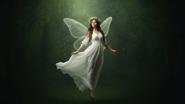 Floating fairy with transparent wings and a flower crown on her head in a mystical forest with a soft green glow