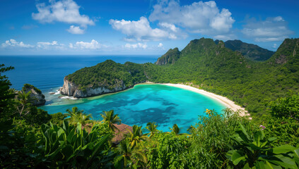 Obraz premium Secluded turquoise bay with white sand beach framed by lush tropical forest and limestone cliffs