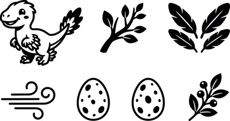 Cute smiling dinosaur standing near spotted eggs with leaf branches wind icon black silhouette style vector art