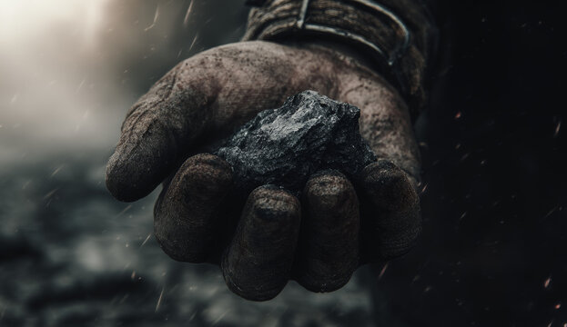 A gloved hand holding a piece of coal, textured and dark-colored, in a realistic scene