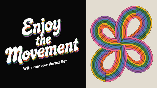A split screen image features retro typography on the left and a colorful abstract rainbow vortex design on the right high quality professional detailed modern elegant