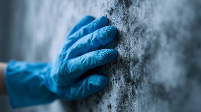 A gloved hand cleaning a textured wall with a cloth, detailed view of cleaning process and surface texture