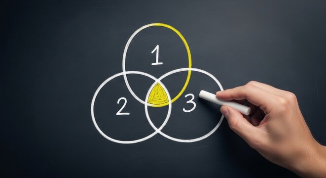 Hand drawing venn diagram with three intersecting circles numbered 1, 2, and 3 on blackboard