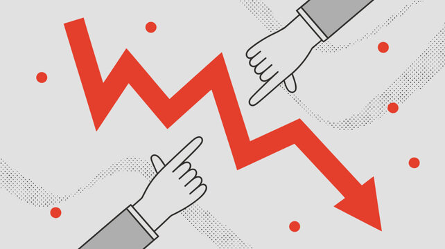 A graphic illustrates a sharply declining trend with two hands pointing towards the fluctuating line signifying a downturn high quality professional detailed modern elegant stylish clean