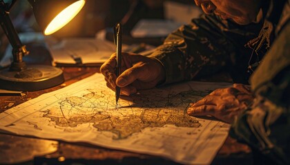 Fototapeta premium Soldier's focused hand sketching a strategic map of territory for military planning and operations