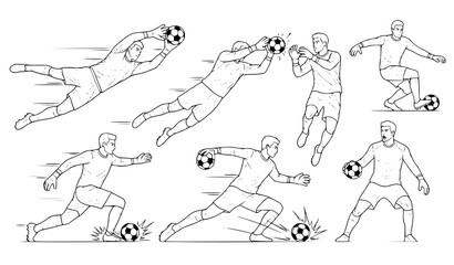 Obraz premium A vector graphic illustration of soccer players in various poses, kicking and saving balls in a minimalist line art style.