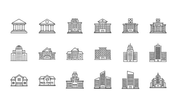 A set of minimalist building icons in a flat line art style, featuring various architectural designs and structures.