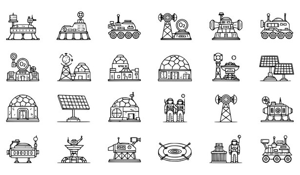 A collection of futuristic space station and satellite vector icons in a minimalist line art style