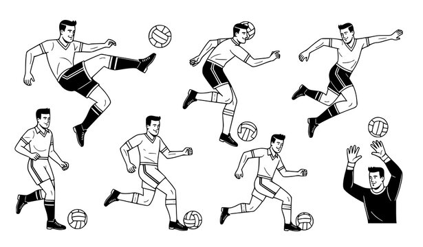 A set of black and white vector illustrations of soccer players in various poses and movements