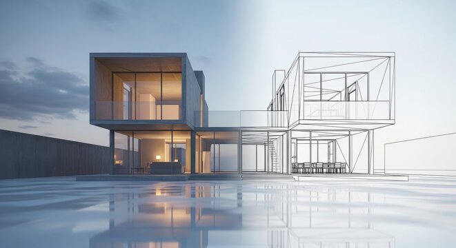 Modern house construction visualization split between finished and wireframe