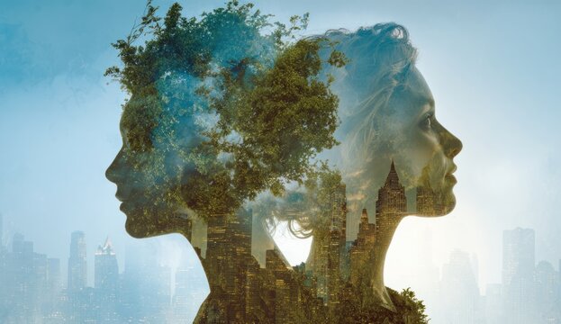 Double exposure photograph of two women's faces with cityscape and natural elements blending together, creating an artistic and abstract portrait