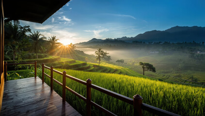 Fototapeta premium Sunrise rice terrace balcony view peaceful morning light over green paddy field