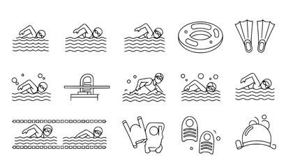 A set of minimalist line art vector graphics depicting various swimming icons and illustrations © Abirex