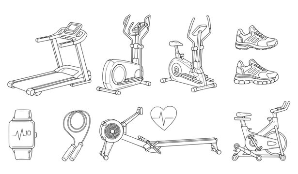 A set of line art illustrations depicting various fitness equipment and accessories