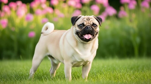 A pug dog standing on green grass with pink flowers in the background looking happy and excited