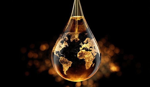 Drop of golden oil with illuminated world map inside, symbolizing global energy resources and environmental impact